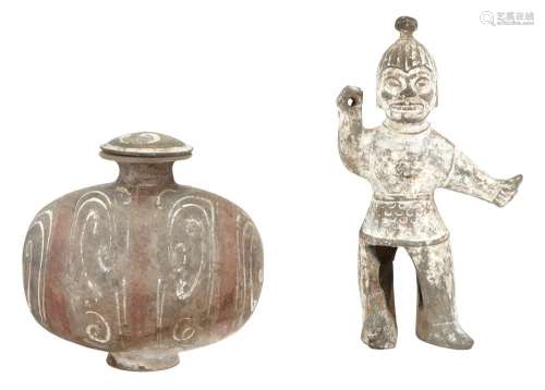 A Chinese Painted Pottery Cocoon Jar and a White Painted Pottery Standing Figure