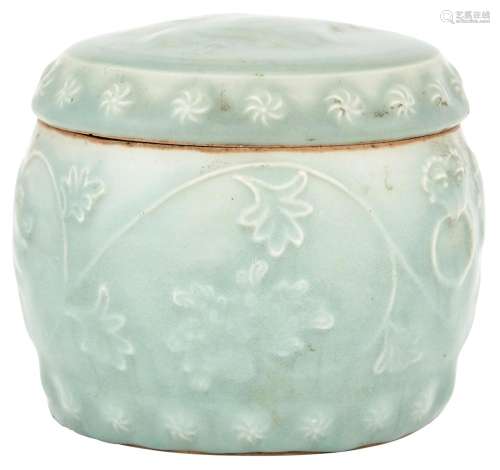 A Rare Chinese Longquan Celadon Drum-Form Box and Cover