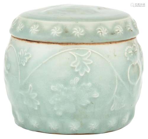 A Rare Chinese Longquan Celadon Drum-Form Box and Cover