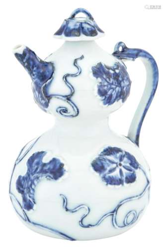 A Rare Chinese Blue and White and Slip Decorated Double Gourd Porcelain Ewer and Cover