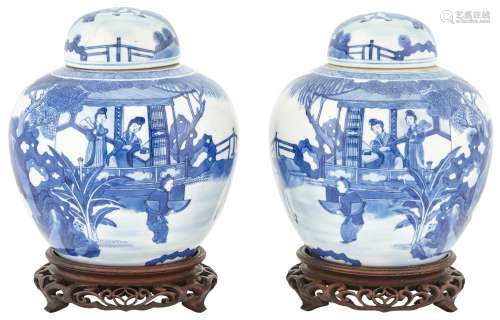 A Pair of Chinese Blue and White Porcelain Jars and Covers