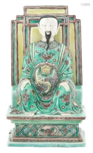 A Chinese Famille Verte Biscuit Porcelain Figure of Zhenwu