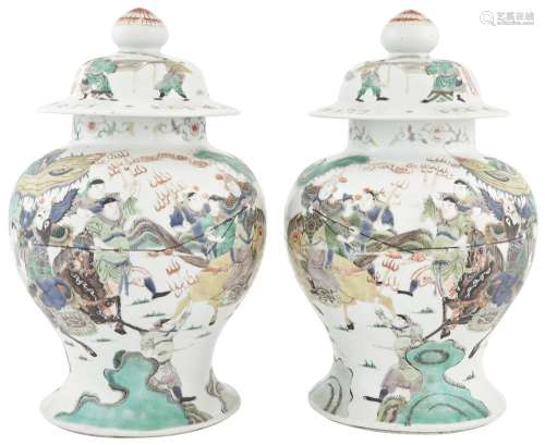 A Pair of Chinese Famille Verte Enameled Porcelain Baluster Jars and Covers
