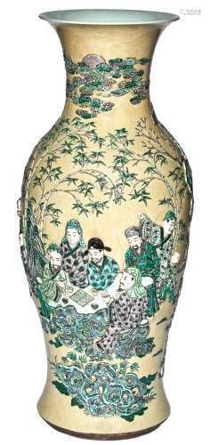 A Large Chinese Molded Famille Jaune Porcelain Vase
