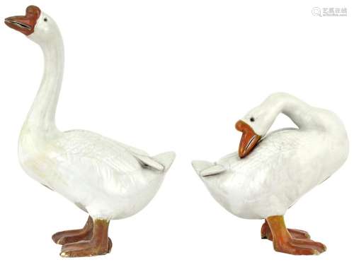 A Rare Pair of Chinese Enameled Export Porcelain Geese