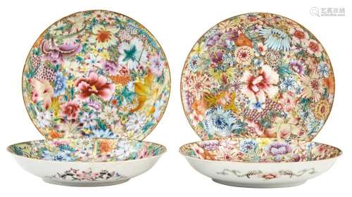 Four Fine Chinese Millefleurs Porcelain Plates