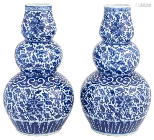 A Pair of Chinese Blue and White Triple Gourd Vases