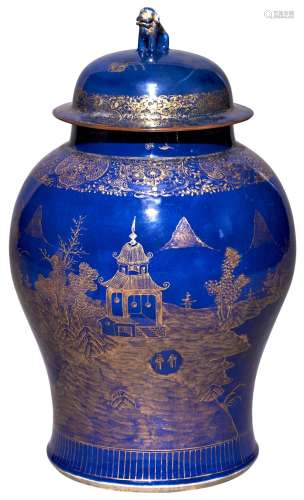 A Large Chinese Gilt-Decorated Blue Porcelain Baluster Jar and Cover