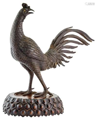 A Japanese Bronze Rooster Okimono