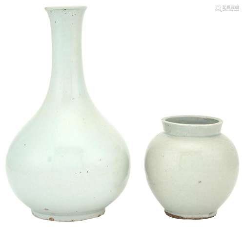 A Korean White Glazed Bottle Vase; Together with White Glazed Jar