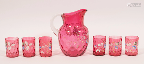 CRANBERRY & ENAMEL PITCHER &TUMBLERS, 7 PCS, H 3.5