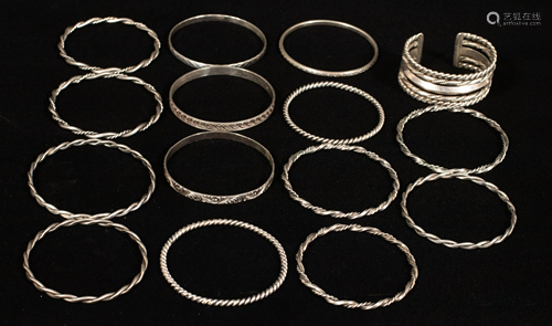 STERLING SILVER BANGLE (13) AND CUFF BRACELET