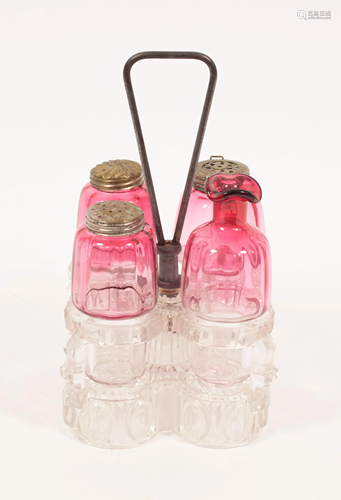 CRANBERRY TO CLEAR CONDIMENT BOTTLES C 1880, 4 PC…