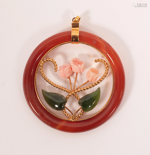 CHINESE CORAL, SERPENTINE AND JADE PENDANT, (1) H 2.5