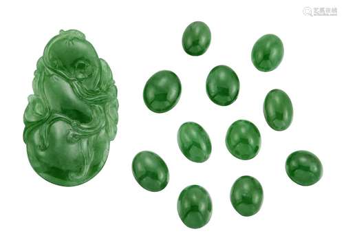 A jadeite jade plaque and eleven unmounted jadeite jade cabochons, the plaque carved as a ru-yi,