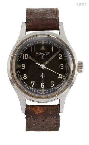 A stainless steel, British military issue wristwatch by Hamilton, the black dial with Arabic white