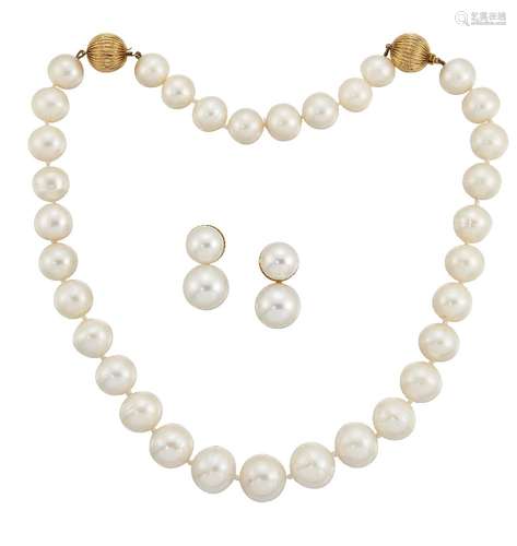 A cultured pearl necklace and earrings, the single row necklace, graduating from approximately 12.