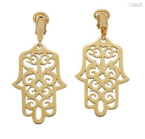 A pair of pierced panel earrings, depicting the Hand of Fatima, clip fittings, length 4.7cm (2)