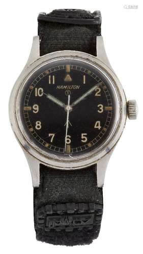 A stainless steel, British military issue wristwatch by Hamilton, the black dial with Arabic white