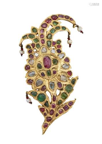 An Indian diamond and gem brooch, of spray from set throughout with foiled vari-shaped and cut