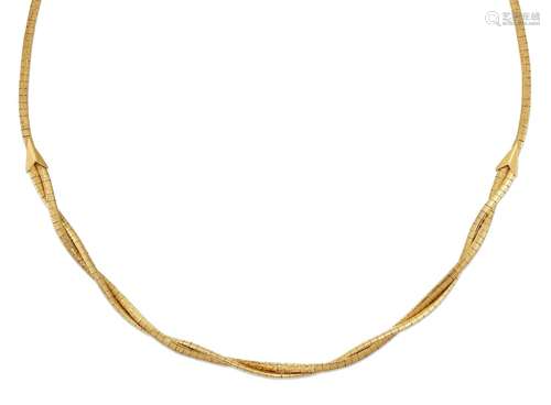 A flexible necklace, of textured rectangular link design with twin row entwined front, length 42.0cm