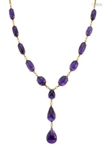 An amethyst necklace, composed of a row of oval cabochon amethysts suspending a graduated pear