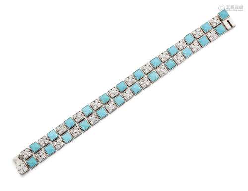 An 18ct white gold, turquoise and diamond bracelet, of double row design, composed of alternate