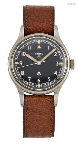 A stainless steel, British military issue W10 wristwatch by Smiths, the black enamel dial with white