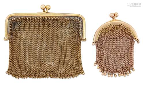 Two early 20th century gold mesh coin purses, one with rounded rectangular frame, the other with