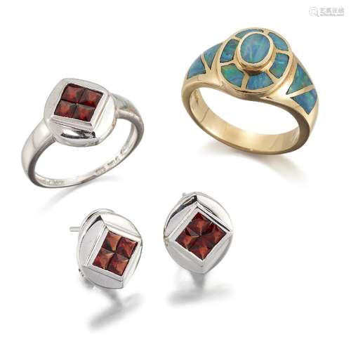 An opal doublet cluster ring and a group of garnet jewellery, the ring set throughout with vari-