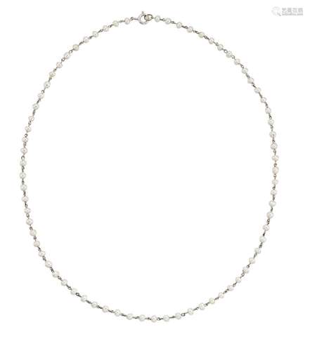 A pearl necklace, composed of a single row of pearls, measuring approximately 3.1 - 3.7mm, with