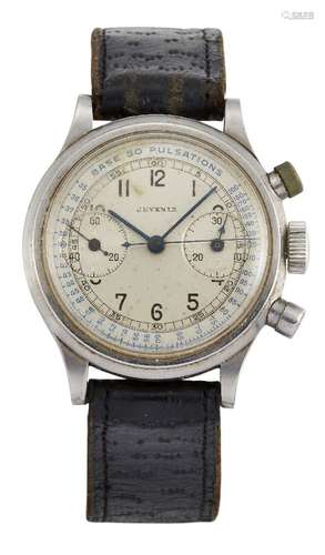 A stainless steel chronograph wristwatch, by Juvenia, the silvered dial with Arabic numerals, two