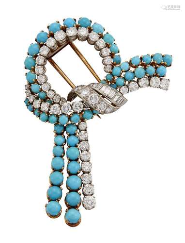 A turquoise and diamond brooch, of brilliant-cut diamond and circular-cut cabochon turquoise