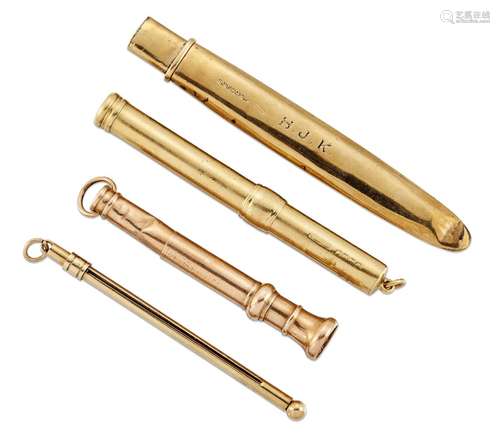 A small group of gold items, comprising: an 18ct gold slide action pencil, damaged, hallmarks