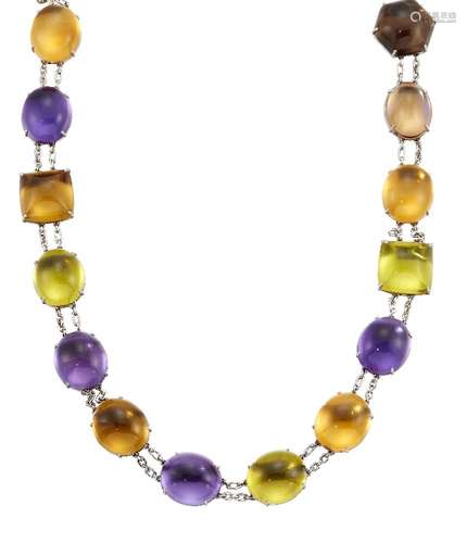 A vari-coloured quartz necklace, set with fancy-shaped amethyst, citrine, green and smoky quartz