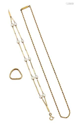 A small group of jewellery, comprising: a cultured pearl bracelet composed of twin rows of bar links