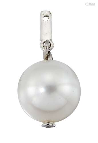 A single cultured pearl and diamond drop, the cultured pearl, measuring approximately 13.3mm, with a