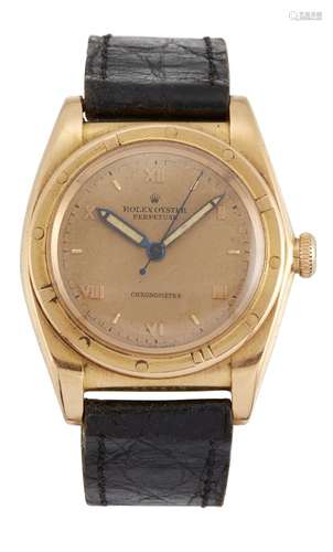 A rose gold 'Oyster Perpetual' 'Bubble back' wristwatch by Rolex Ref. 3372, the gilt dial with