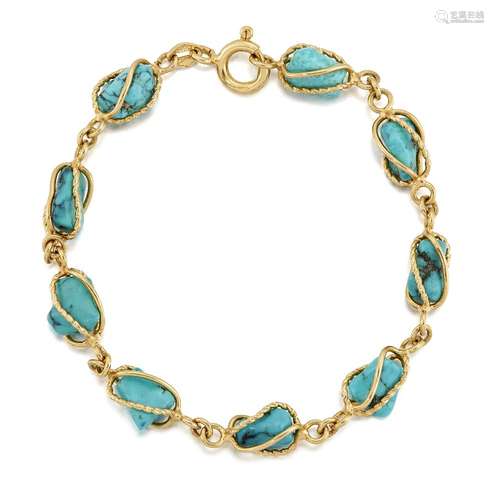 A turquoise-set bracelet, composed of a line of tumble polished turquoise in twist design cage