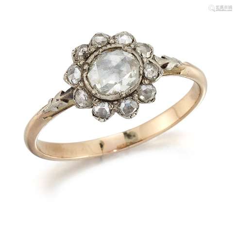 A 19th century rose-cut diamond ring, the central foiled oval rose-cut diamond to a foiled rose-