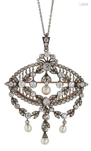 A late 19th century Belle Epoque, pearl and diamond brooch / pendant, of openwork plaque design, the