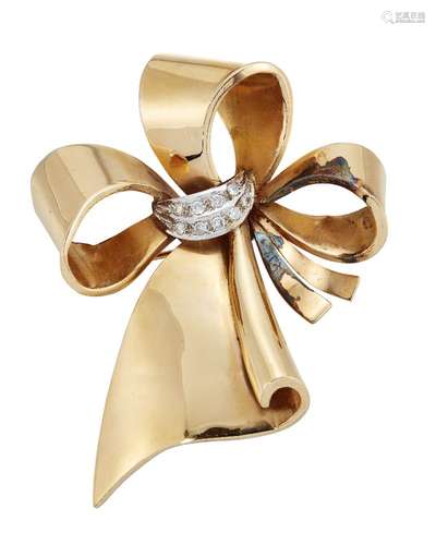 A Retro gold and diamond brooch, modelled as a ribbon bow with brilliant-cut diamond tie, c. 1940,