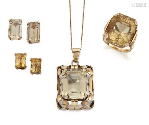 A small group of citrine jewellery, comprising: a cut-cornered rectangular citrine single stone ring