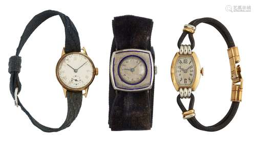 Three wristwatches, comprising: a lady's two colour gold example, the tonneau shaped dial with