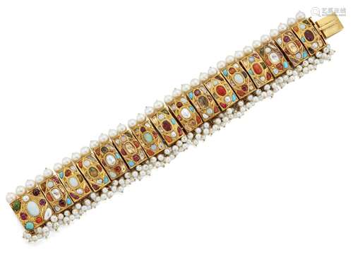 A 20th century Indian gem and cultured pearl Navaratna bracelet, composed of strung rectangular