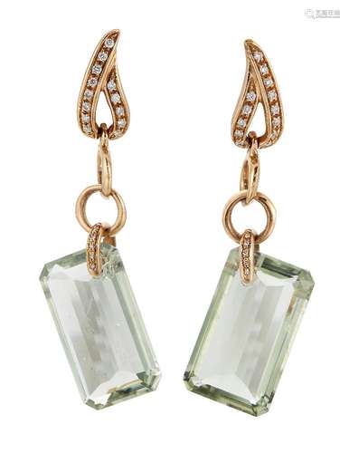 A pair of quartz and diamond earrings by Gavello, the cut-cornered rectangular pale green quartz