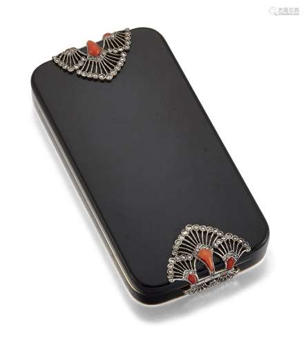 An Art Deco gold, onyx, enamel, diamond and coral compact, of rounded rectangular form, the onyx lid