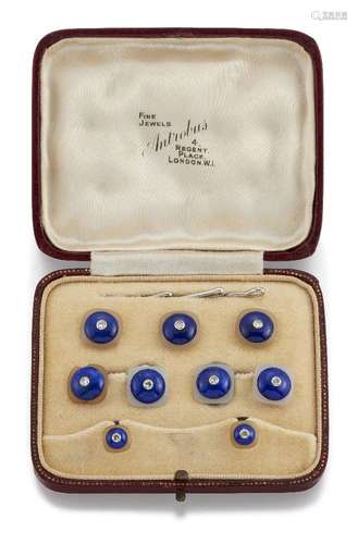 A diamond, lapis lazuli and chalcedony dress set, each circular lapis lazuli with central circular-