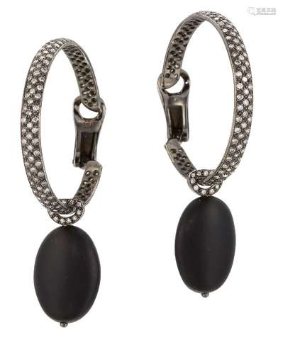 A pair of diamond and glass earrings, the pave brilliant-cut diamond hoops in blackened mounts, clip