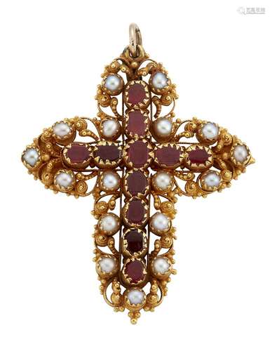 An early 19th century gold, garnet and half-pearl cross pendant, the central cushion shaped garnet